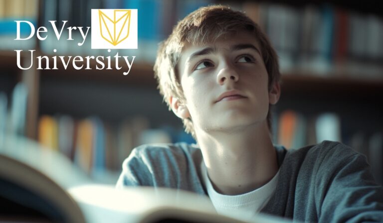 A thoughtful student sits with an open book, gazing upward, with the DeVry University logo in the background